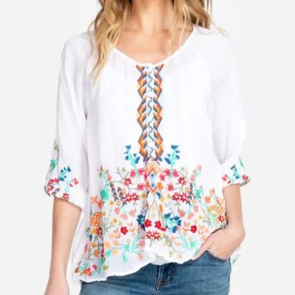 Johnny Was Workshop Sarah Blouse - White - Multicolor Embroidery - Floral - M - Picture 1 of 6